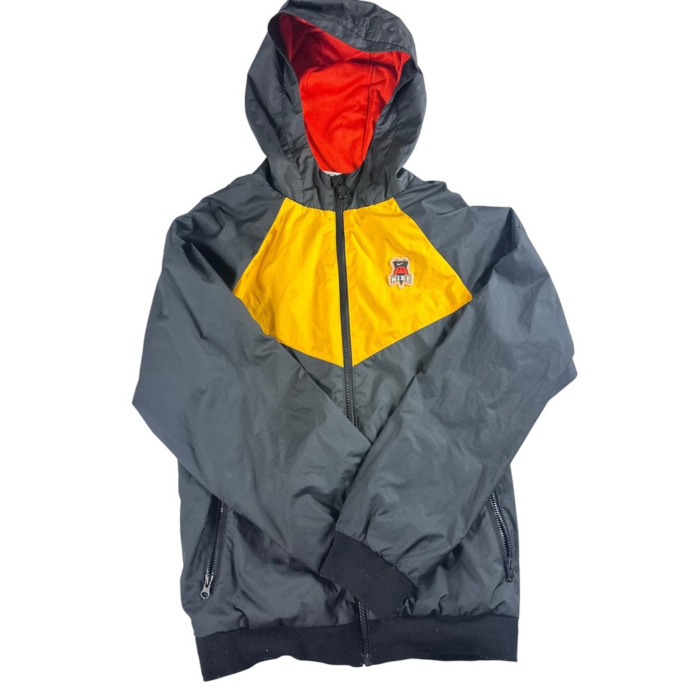 Nike Windbreaker Kids Large Black Yellow Zip Hooded Outdoor Basketball Skeleton